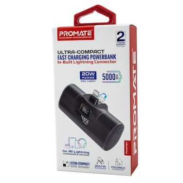 Promate PowerUp-I Ultra-Compact fast charging Power Bank with In-Built Lightning Connector