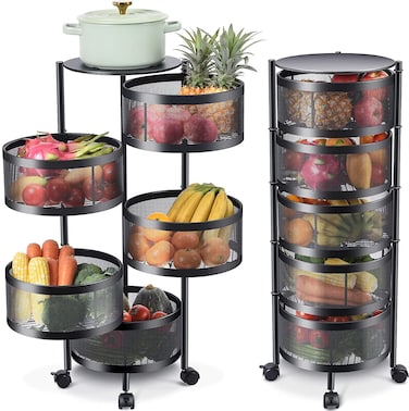 LIYING Multi-Layer Kitchen Storage Shelf, Rotatable Steel Rack ,4 Movable Wheels , Fruit Vegetable Snack Organizer Stand Household Shelf (5F, Black)