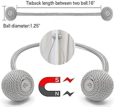 1 Pair Magnetic Curtain Tiebacks Decorative Rope Holdback Holder for Home Kitchen Office Window Sheer Blackout Drapes Gray