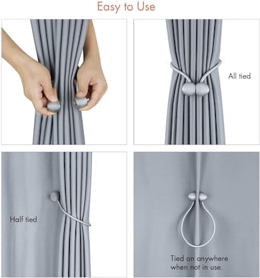 1 Pair Magnetic Curtain Tiebacks Decorative Rope Holdback Holder for Home Kitchen Office Window Sheer Blackout Drapes Gray