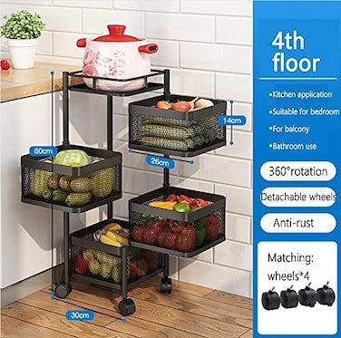 Storage Rack Rotating Trolleys Multi-Layer Storage Rack for Kitchen, Restaurant, Bathroom, 4 Tier Storage Cart Multi-Layer Storage Rack (Black)