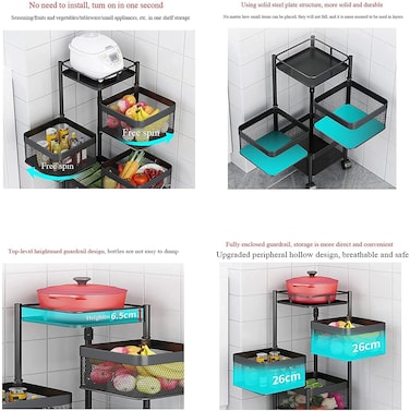 Storage Rack Rotating Trolleys Multi-Layer Storage Rack for Kitchen, Restaurant, Bathroom, 4 Tier Storage Cart Multi-Layer Storage Rack (Black)