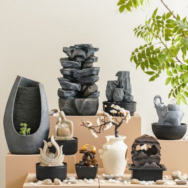 Danube Home Stalaca Nature Indoor Fountain with Soft Yellow Light – Grey Polyresin Water Feature (21×21×28 cm)