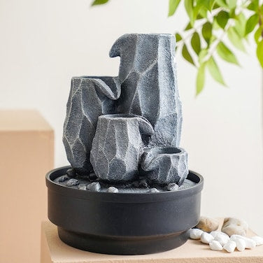 Danube Home Stalaca Nature Indoor Fountain with Soft Yellow Light – Grey Polyresin Water Feature (21×21×28 cm)