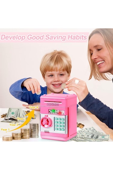 Electronic Piggy Bank – ATM Money Safe for Kids with Password Lock, Coin & Cash Saving Box (Pink)