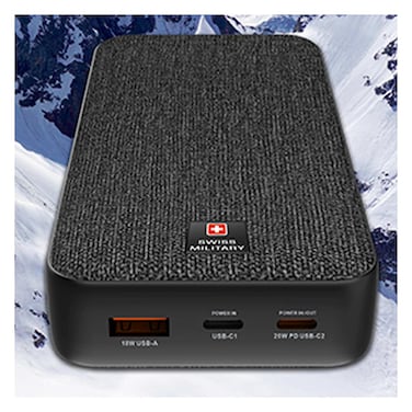 Swiss Military Dual USB-C and 1 USB-A Power Bank, 10000mAh, Black, 20 W