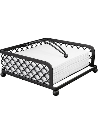 Elegant Napkin Holder for Table with Weighted Arm Modern Flat Napkin Holders for Dinner in kitchen or Dining room, Luxury restaurant Countertops & Outdoor Tables Square Metal Lattice Basket (Black)
