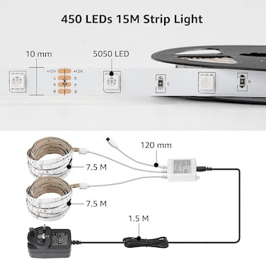 Lepro LED Strip Lights 15M RGB – Colour Changing LED Strips with 44-Key Remote (450 Bright 5050 LEDs)