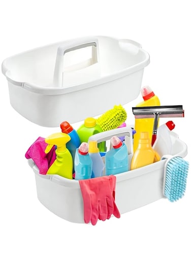 SIMPDIY 2 Pack Cleaning Supplies Caddy, Large Plastic Cleaning Supply Organizer Bucket with Handle Portable Housekeeping Shower Tote Caddy Under Sink Tool Storage Baskets for Bathroom, Kitchen (White)