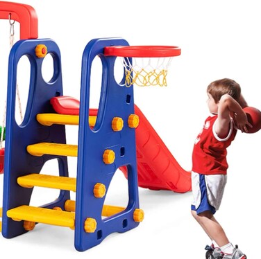 3-in-1 Kids Slide & Swing Playset with Basketball Hoop – Jumbo Indoor/Outdoor Play Structure (Blue) | 160×125×160 cm