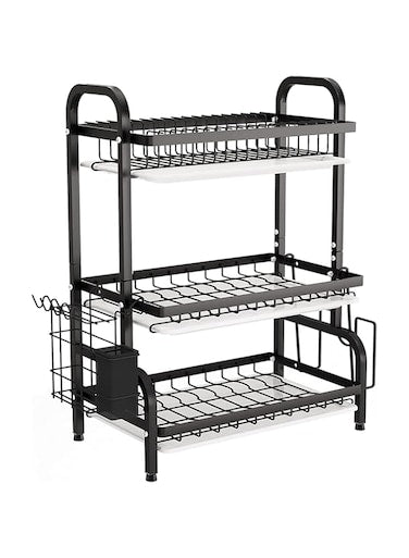 MOSYCLE Dish Drying Rack, 3-Tier Dish Rack Drainboard Set, Large Rust-Proof Dish Drainer with Drip Tray Knife Holder, Cutting Board Holder for Kitchen Dish Strainers Dish Dryer Rack for Counter(Black)