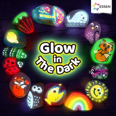 ESSEN Glow-in-the-Dark Rock Painting Kit for Kids – DIY Art & Craft Set with 12 Rocks, 17 Paints & Stickers (Ages 4–12)