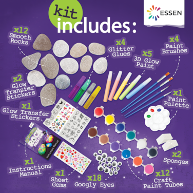 ESSEN Glow-in-the-Dark Rock Painting Kit for Kids – DIY Art & Craft Set with 12 Rocks, 17 Paints & Stickers (Ages 4–12)
