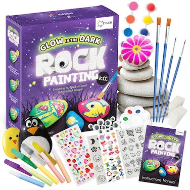 ESSEN Glow-in-the-Dark Rock Painting Kit for Kids – DIY Art & Craft Set with 12 Rocks, 17 Paints & Stickers (Ages 4–12)