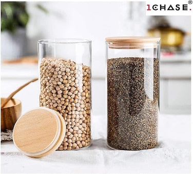 1CHASE Glass Storage Jars With Bamboo Lids 500ml, Air Tight Kitchen Food Cereal Containers For Storage, Canister Set Ideal For Flour, Sugar, Coffee, Candy, Spice Jars Coffee - Set Of 4