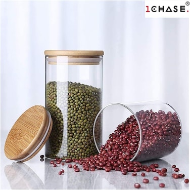 1CHASE Glass Storage Jars With Bamboo Lids 500ml, Air Tight Kitchen Food Cereal Containers For Storage, Canister Set Ideal For Flour, Sugar, Coffee, Candy, Spice Jars Coffee - Set Of 4