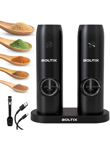 BOLTIX Electric Salt and Pepper Grinder Set (2 Pack), Rechargeable Stainless Grinders LED Light, 5 Coarseness Adjustable, Refillable, and Portable for Kitchen with Charging Base, 70ml Large Capacity.