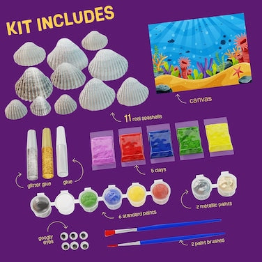 Creoos Seashell Painting Kit for Kids Arts and Crafts Toys 11 Seashells 8 Paints Canvas and Clay Craft Summer Kid Beach Activities Kits Art Set DIY Supplies Games Birthday Gifts Toys for Girls Boys