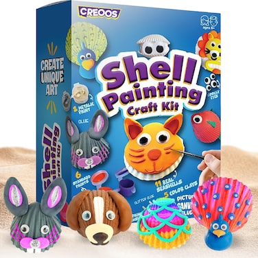 Creoos Seashell Painting Kit for Kids Arts and Crafts Toys 11 Seashells 8 Paints Canvas and Clay Craft Summer Kid Beach Activities Kits Art Set DIY Supplies Games Birthday Gifts Toys for Girls Boys