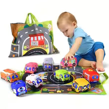Soft toy car set with play mat and 6 vehicle pieces for 18-month-olds, educational toys for boys and girls