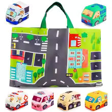 Soft toy car set with play mat and 6 vehicle pieces for 18-month-olds, educational toys for boys and girls