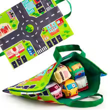 Soft toy car set with play mat and 6 vehicle pieces for 18-month-olds, educational toys for boys and girls