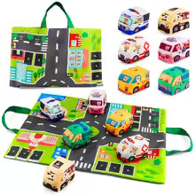 Soft toy car set with play mat and 6 vehicle pieces for 18-month-olds, educational toys for boys and girls